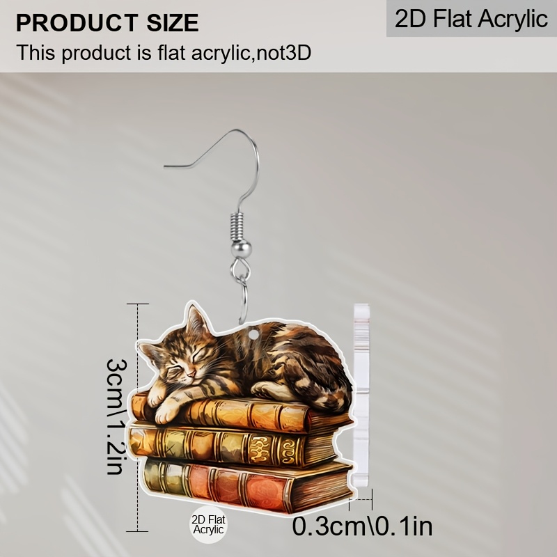 2D Flat Sleeping Cat Book Acrylic Earrings, Cute Style